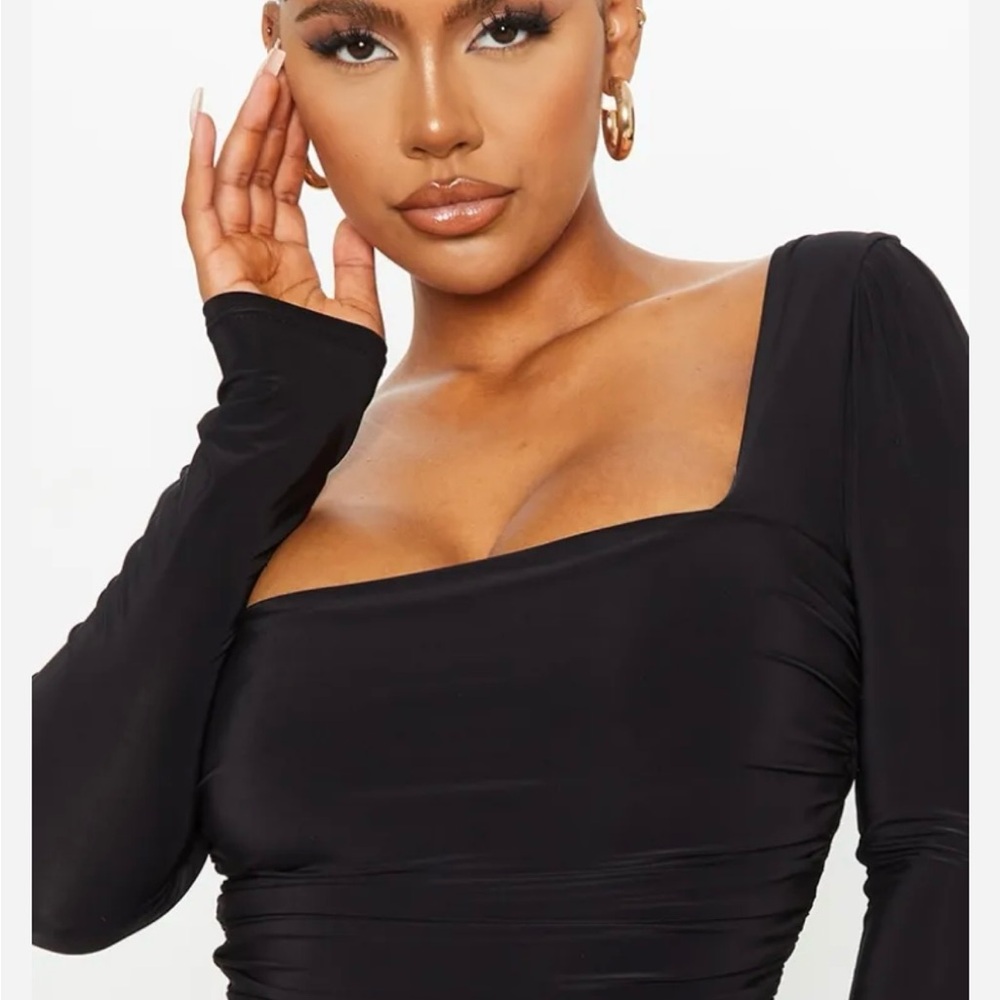 PLT SLINKY RUCHED LONG SLEEVE SQUARE NECK BODYSUIT